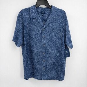 George Mens Button Down Shirt Size L Blue Tropical Leaf Print Linen Blend Summer